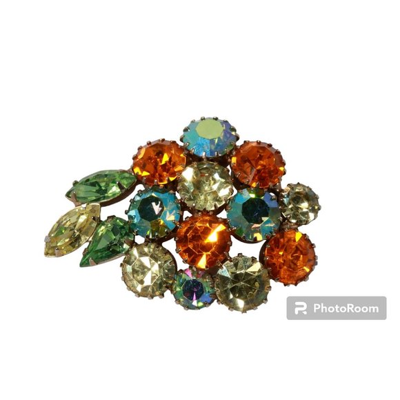 Vintage Karu Arke Brooch Green/Amber AB Aurora Borealis Rhinestone Prong Set Pin - Picture 4 of 8